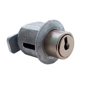 Serratura a pulsante per armadi con ante scorrevoli. Fissaggio a dado con chiave dentata. Cod. v