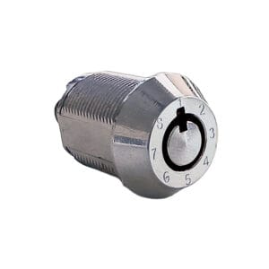Three-quarter view of the reprogrammable tubular lock with combination numbering