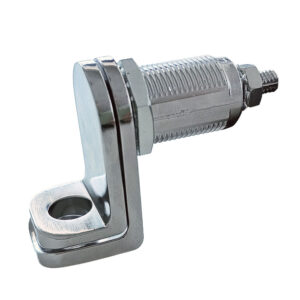Padlockable lock for lockers with a double-L design and a hole for the padlock.